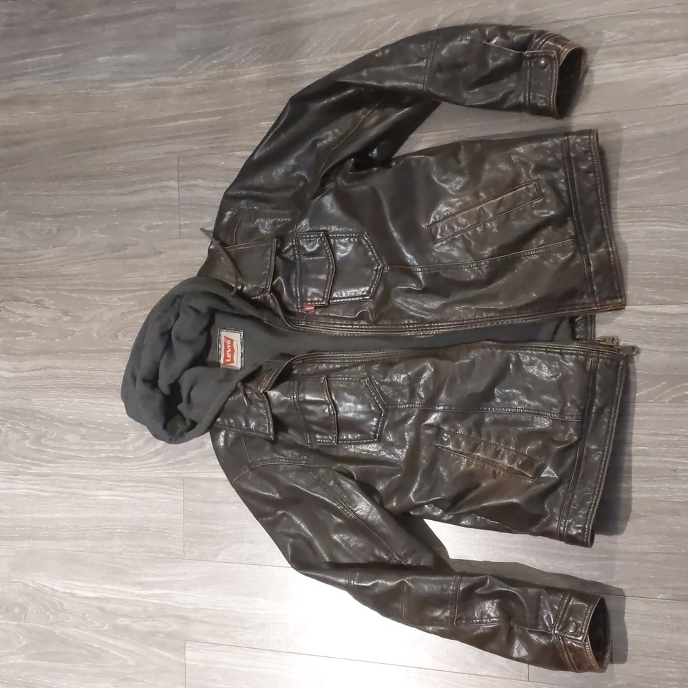 Levis Faux Leather Jacket Size Large Full Zip Rider Trucker Hooded Motorcycle